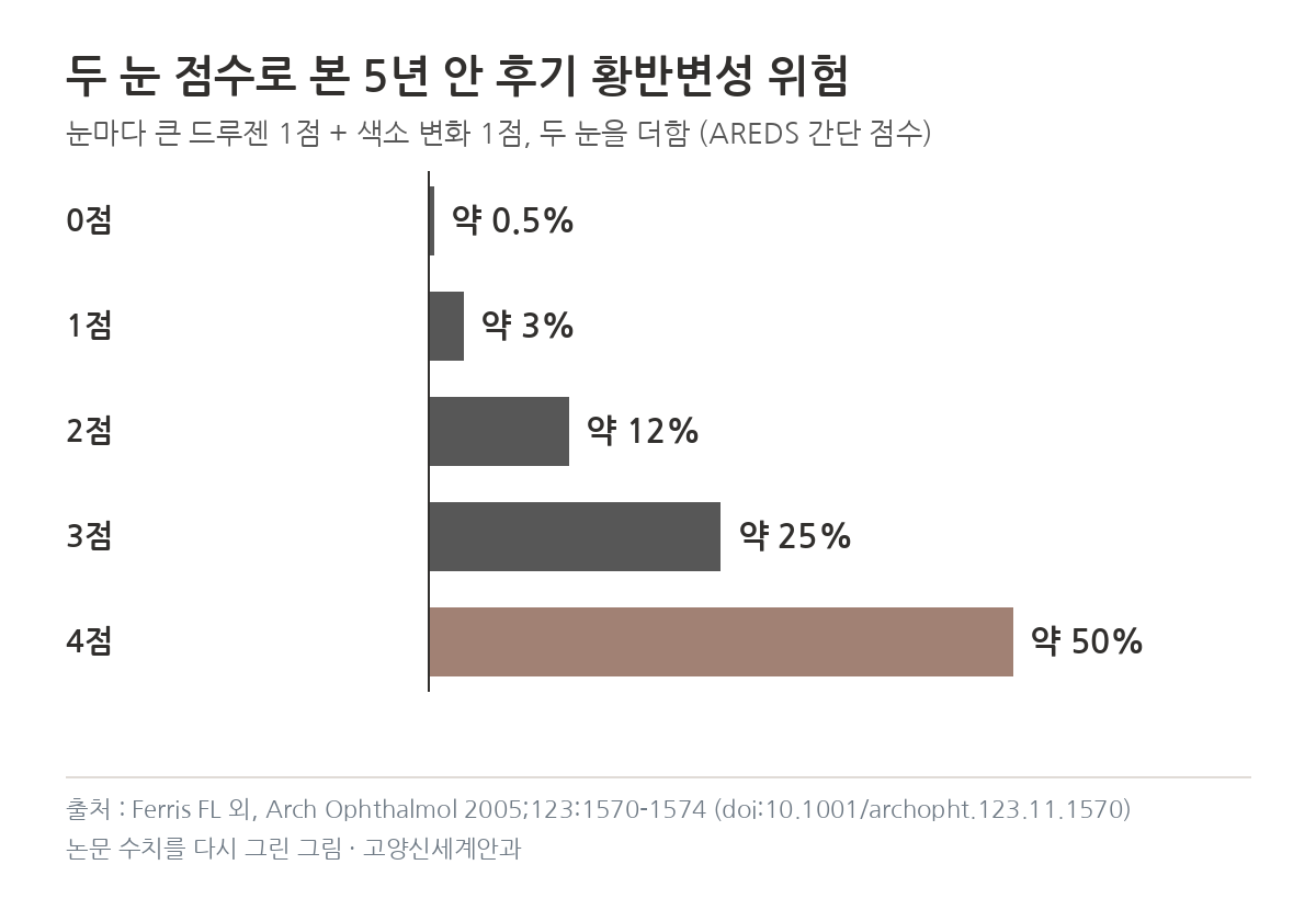AREDS 간단 점수 0~4점 5년 후기 황반변성 위험 그래프