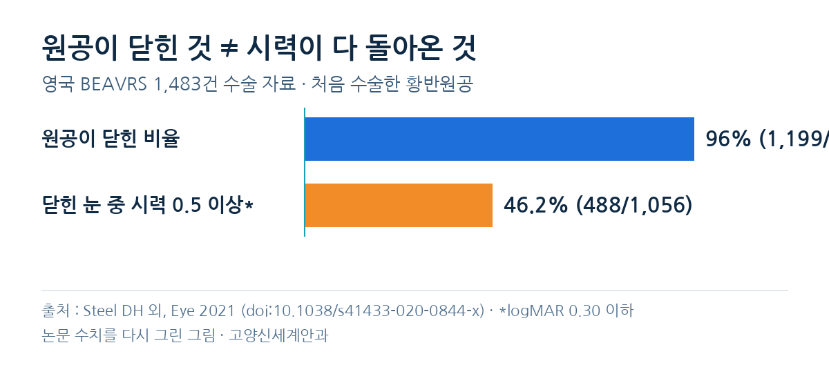 BEAVRS 연구 수치를 다시 그린 그래프 : 원공이 닫힌 비율 96% vs 닫힌 눈 중 시력 0.5 이상 46.2%