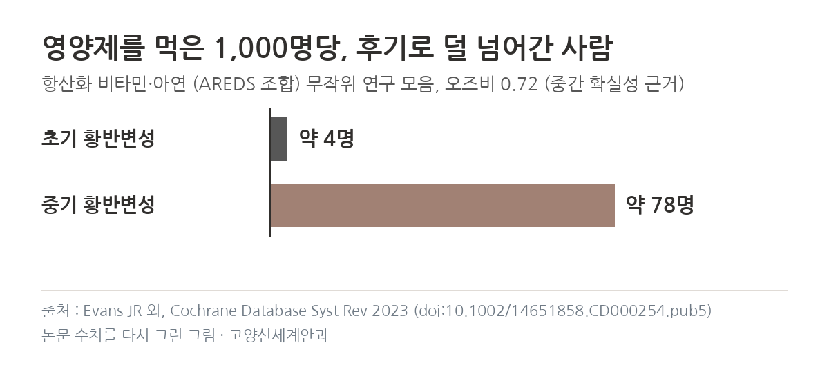 코크란 2023 1,000명당 후기 황반변성 감소 초기 약 4명 중기 약 78명 그래프