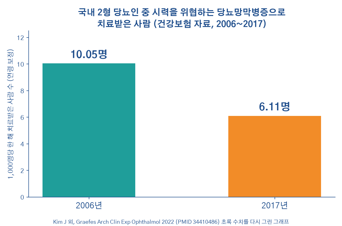 국내 시력 위협 당뇨망막병증 치료 발생률 2006년 2017년 비교 그래프