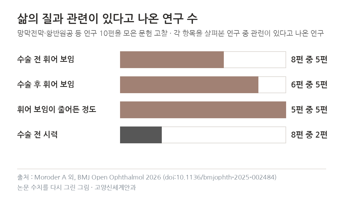 변시증과 시력 중 삶의 질과 관련 있다고 나온 연구 수 그래프