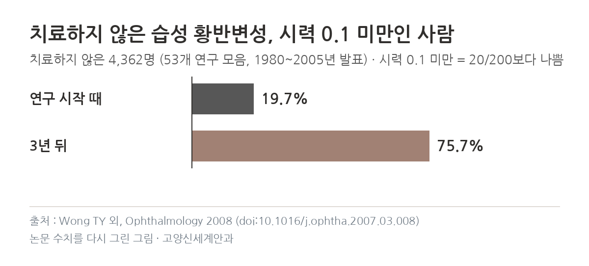 치료하지 않은 습성 황반변성 시력 0.1 미만 19.7%에서 3년 뒤 75.7% 그래프