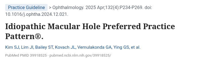 출처: Kim SJ 외, Ophthalmology 2025 · doi:10.1016/j.ophtha.2024.12.021. 미국안과학회(AAO) 진료지침, PubMed 공개 서지 정보로 화면 형식을 다시 만든 것