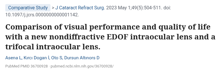 Asena 2023 J Cataract Refract Surg 비회절 EDOF 인공수정체와 3중초점 인공수정체 비교 논문 제목