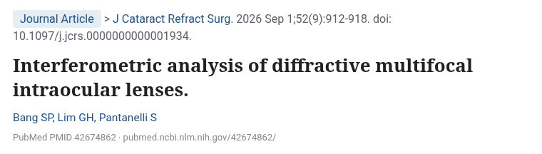 Bang 2026 J Cataract Refract Surg 회절형 다초점 인공수정체 간섭계 분석 논문 제목