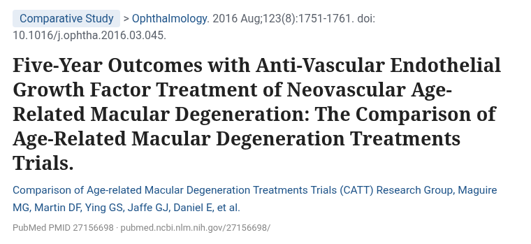 CATT 2016 Ophthalmology 5년 결과 PubMed 화면