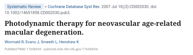 Cochrane 2007 신생혈관 황반변성 광역학치료 체계적 문헌고찰 PubMed 화면