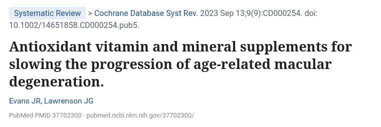 Evans 2023 코크란 리뷰 항산화 비타민 미네랄 황반변성 PubMed 화면