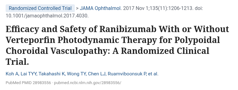 EVEREST II 2017 JAMA Ophthalmol 결절성 맥락막혈관병증 라니비주맙 광역학치료 병용 PubMed 화면