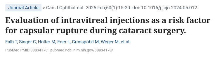 Falb 2025 Canadian Journal of Ophthalmology 유리체강내 주사와 백내장 수술 중 후낭파열 위험 평가 논문 제목