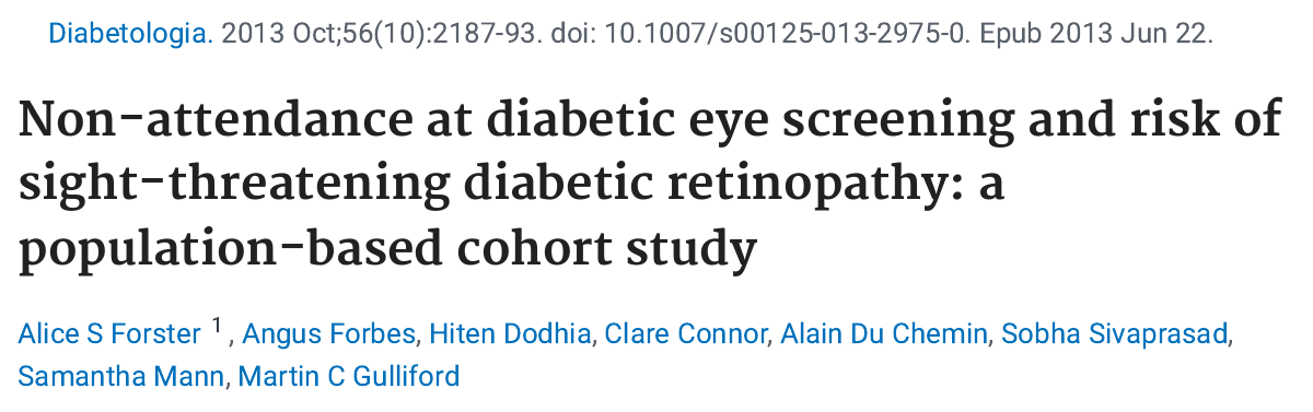 Forster 2013 Diabetologia 당뇨 눈 검진 미수검과 시력 위협 당뇨망막병증 논문 제목