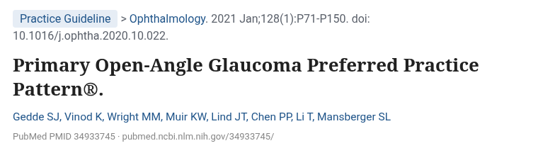미국안과학회 원발 개방각 녹내장 Preferred Practice Pattern 제목 (Gedde 외, Ophthalmology 2021)