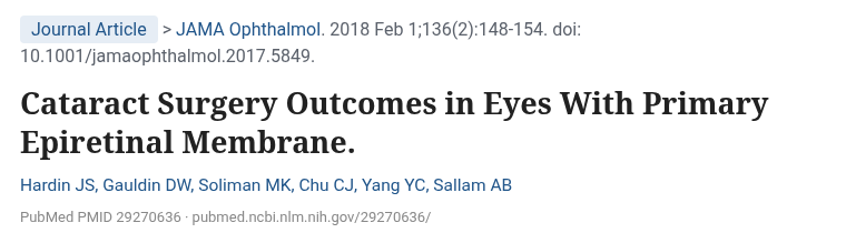 Hardin 외 JAMA Ophthalmol 2018 망막전막 눈의 백내장 수술 결과 논문 제목