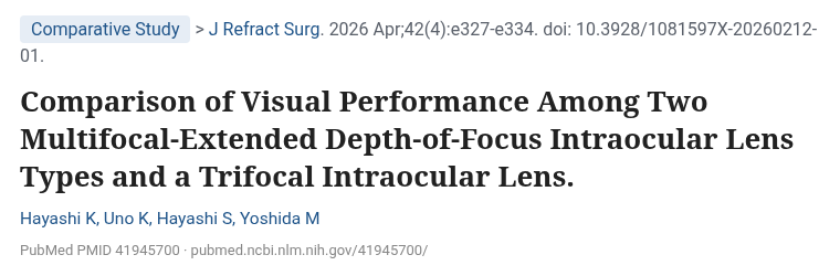 Hayashi 2026 J Refract Surg 다초점 EDOF 인공수정체 2종과 삼중초점 인공수정체 시각 성능 비교 논문 제목
