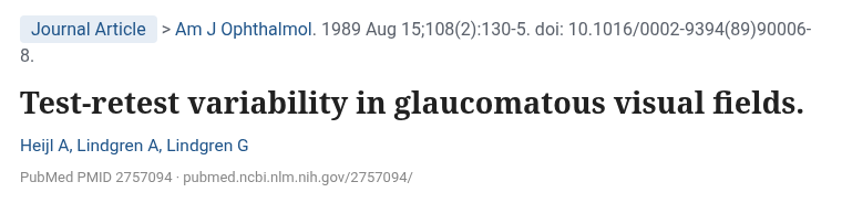 Heijl 외 Am J Ophthalmol 1989 녹내장 시야검사 재검 변동 논문 제목