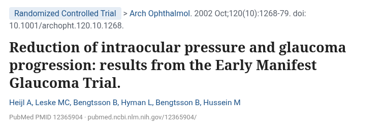 Heijl 외 Arch Ophthalmol 2002 EMGT 안압 하강과 녹내장 진행 무작위 연구 논문 제목