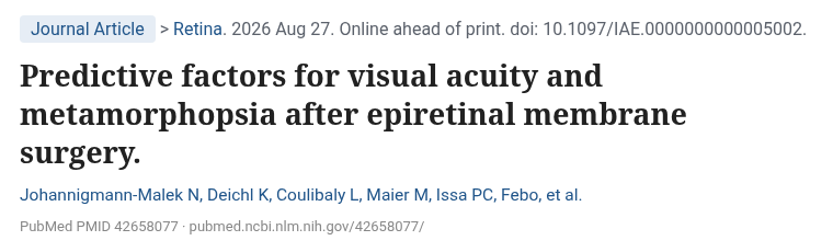 Johannigmann-Malek 2026 Retina 망막전막 수술 후 시력과 변시증 예측 인자 PubMed 화면