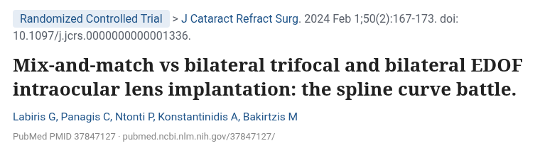 Labiris 2024 J Cataract Refract Surg 3중초점과 EDOF 인공수정체 양안 혼합 무작위 비교 논문 제목