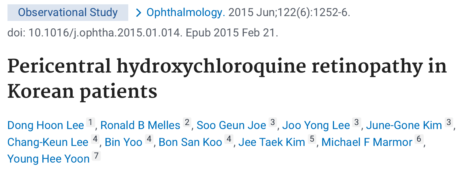 Lee 2015 Ophthalmology 한국인 하이드록시클로로퀸 망막병증 논문 PubMed 화면