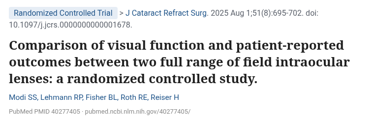 Modi 2025 J Cataract Refract Surg 두 가지 전 거리 인공수정체 비교 무작위 대조 연구 논문 제목