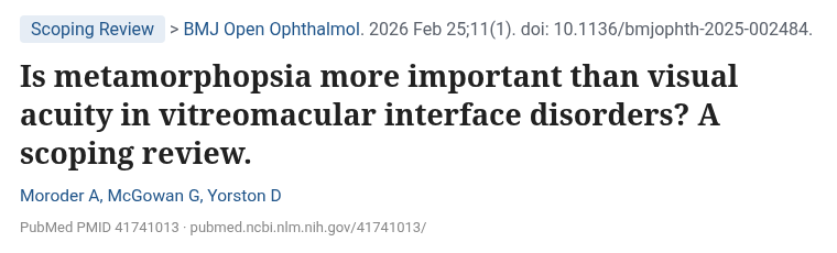 Moroder 2026 BMJ Open Ophthalmology 변시증과 시력, 삶의 질 문헌 고찰 PubMed 화면