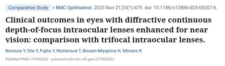 Nomura 2023 BMC Ophthalmol 근거리 강화 연속 초점 심도 회절형 인공수정체와 3중초점 인공수정체 비교 논문 제목