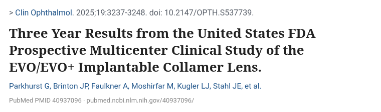 중앙 구멍이 있는 후방형 안내렌즈의 미국 FDA 3년 임상 결과 논문 제목 (Parkhurst 외, Clin Ophthalmol 2025)