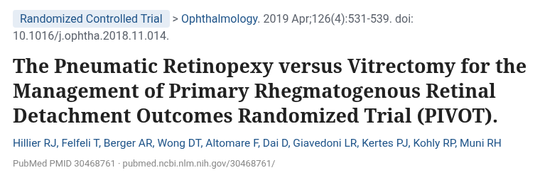 PIVOT 공기망막유착술 대 유리체절제술 무작위 임상시험 논문 제목 (Ophthalmology 2019)