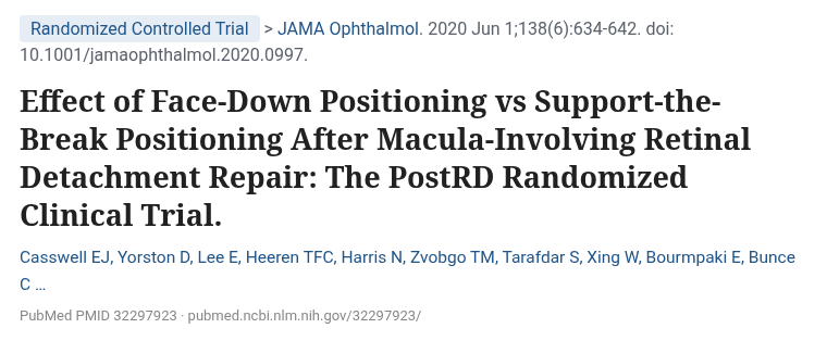 PostRD 망막박리 수술 후 엎드린 자세 무작위 임상시험 논문 제목 (JAMA Ophthalmol 2020)
