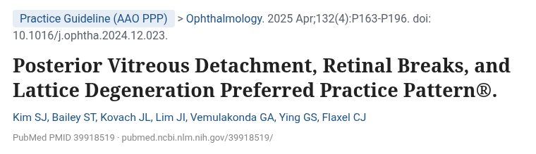 미국안과학회 후유리체박리·망막열공·격자변성 Preferred Practice Pattern 제목 (Ophthalmology 2025)