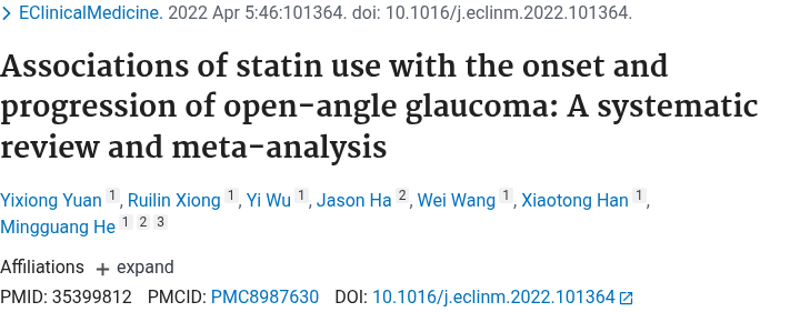 Yuan 2022 EClinicalMedicine 스타틴 녹내장 메타분석 PubMed 화면