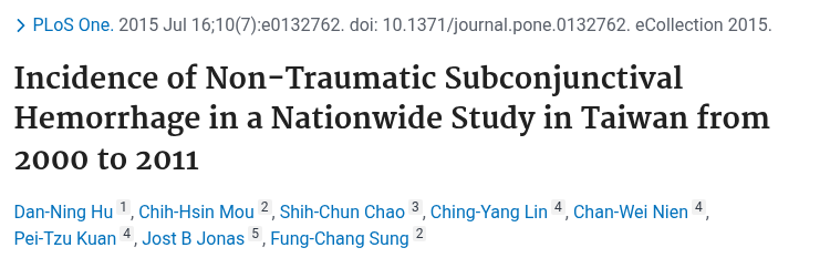 Hu 2015 PLoS One 대만 비외상성 결막하출혈 발생률 논문 제목