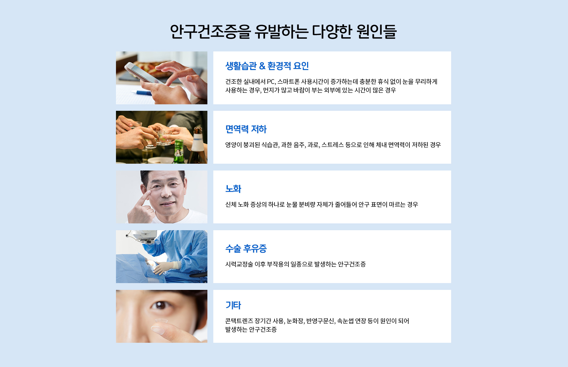 안구건조증 원인, 생활습관&환경적요인, 면역력저하, 노화, 수술 후유증