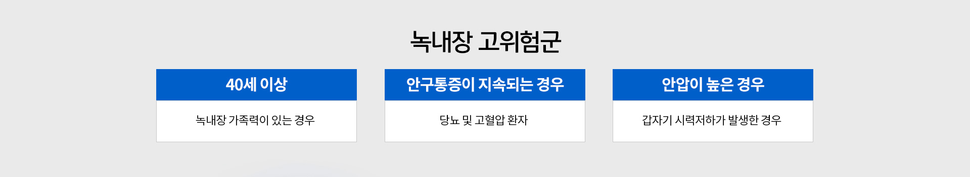 녹내장 고위험군, 40세 이상, 안구통증이 지속되는 경우, 안압이 높은경우