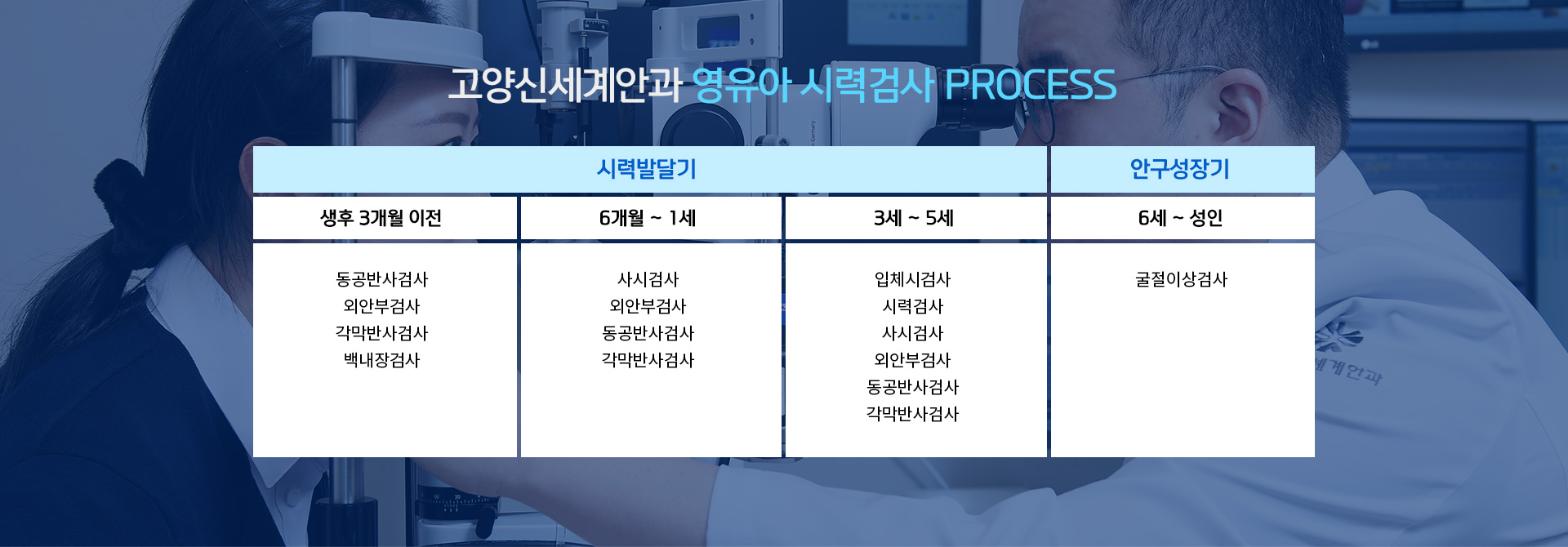 생후 3개월 이전, 6개월-1세, 3세-5세, 6세-성인, 동공반사검사, 외안부검사, 각막반사검사, 백내장검사, 사시검사, 외안부검사, 동공반사검사, 입체시검사, 시력검사, 굴절이상검사