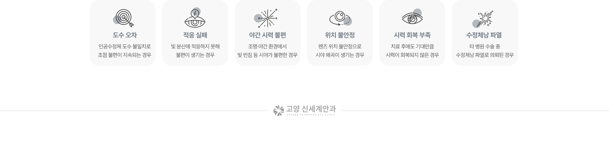 [백내장 재수술의 원인과 유형 종류] (1) 도수 오차 (2) 적응 실패 (3) 야간 시력 불편 (4) 위치 불안정 (5) 시력 회복 부족 (6) 수정체낭 파열