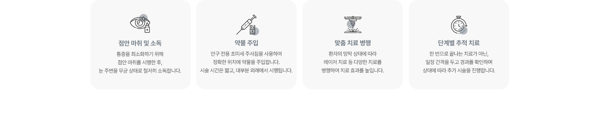 {망막주사 시술 방법 순서} (1) 점안 마취 및 소독  (2) 약물 주입 (3) 맞춤 치료 병행 (4) 단계별 추적 치료 