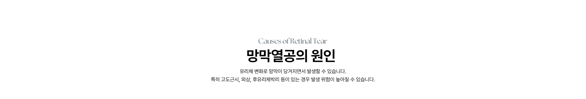 [망막열공의 원인] 유리체 변화로 망막이 당겨지면서 발생할 수 있습니다. 특히 고도근시, 외상, 후유리체박리 등이 있는 경우 발생 위험이 높아질 수 있습니다.