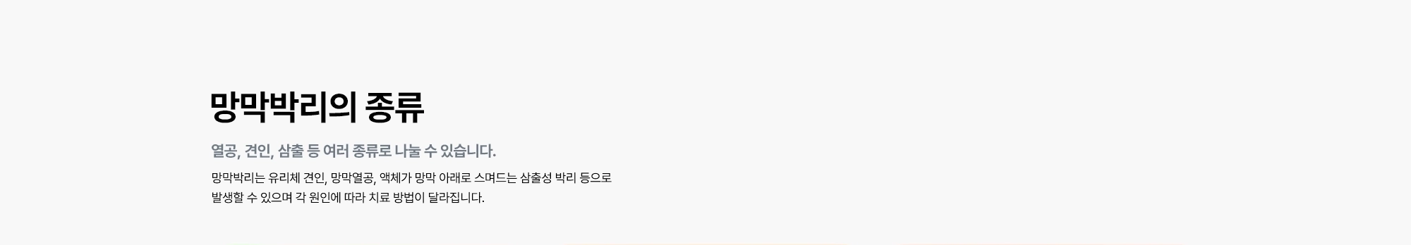 [망막박리의 종류 : 열공, 견인, 삼출 등 여러 종류로 나눌 수 있습니다.] 망막박리는 유리체 견인, 망막열공, 액체가 망막 아래로 스며드는 삼출성 박리 등으로 발생할 수 있으며 각 원인에 따라 치료 방법이 달라집니다.