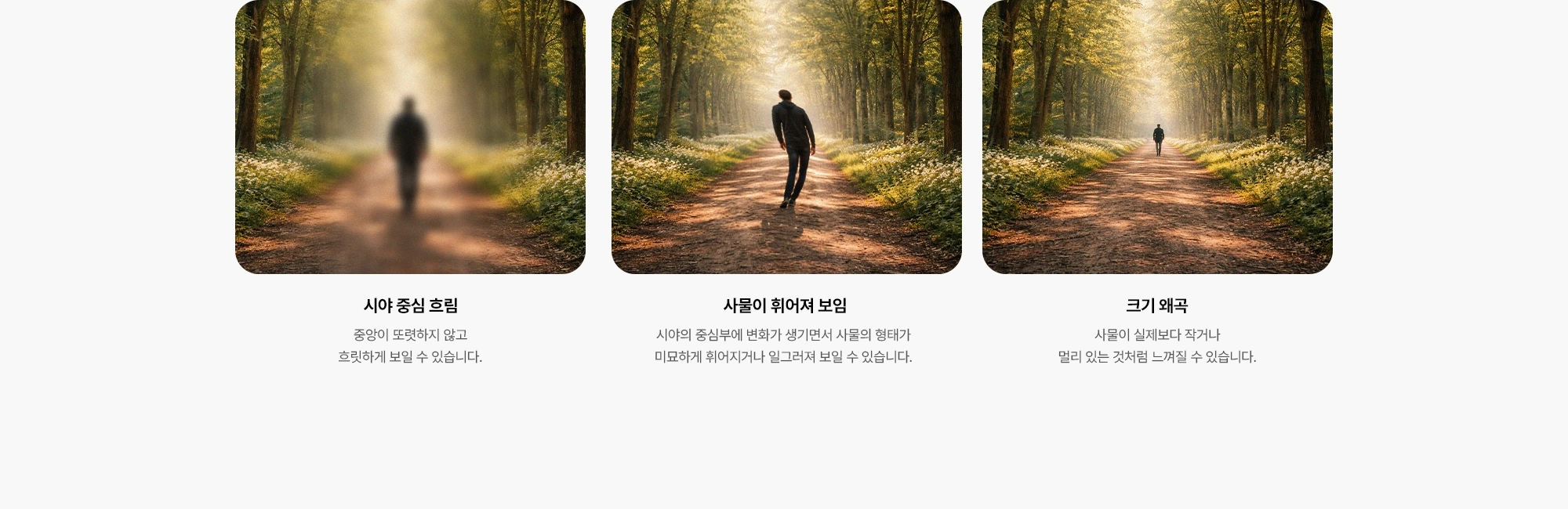  {시야 중심 흐림} 중앙이 또렷하지 않고 흐릿하게 보일 수 있습니다. {사물이 휘어져 보임} 시야의 중심부에 변화가 생기면서 사물의 형태가 미묘하게 휘어지거나 일그러져 보일 수 있습니다. {크기 왜곡} 사물이 실제보다 작거나 멀리 있는 것처럼 느껴질 수 있습니다.