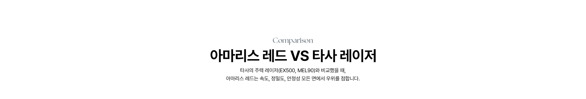[아마리스 레드 VS 타사 레이저] 타사의 주력 레이저(EX500, MEL90)와 비교했을 때, 아마리스 레드는 속도, 정밀도, 안정성 모든 면에서 우위를 점합니다.