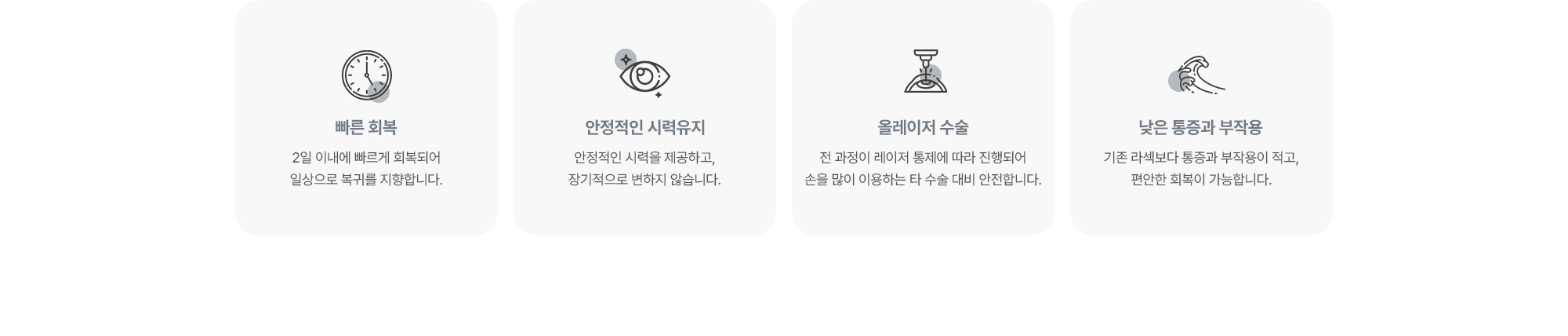 (1) 빠른 회복:2일 이내에 빠르게 회복되어 일상으로 복귀를 지향합니다. (2) 안정적인 시력유지:안정적인 시력을 제공하고, 장기적으로 변하지 않습니다. (3) 올레이저 수술:전 과정이 레이저 통제에 따라 진행되어 손을 많이 이용하는 타 수술 대비 안전합니다. (4) 낮은 통증과 부작용:기존 라섹보다 통증과 부작용이 적고, 편안한 회복이 가능합니다.